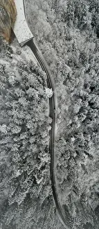 Forest Road Prints: Aerial view of snowy forest with a road. Captured from above with a drone