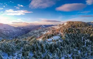 Aerial view of the snowy mountain Taygetus (also known as Taugetus or Taygetos) above Messenia unit in Peloponnese