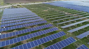 Photovoltaic Prints: Aerial View of solar farm or solar power plant near Raichur, India