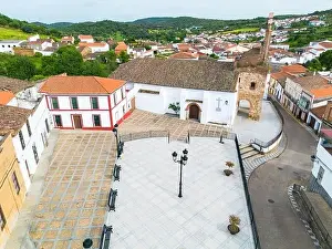Extremadura Prints: Aerial view Spain Square and the Parish Church of Saint Anne in the Santa Ana Valley