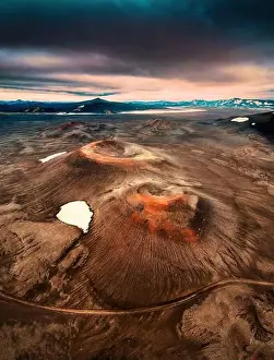 Aerial view of spectacular red volcano crater in central of highlands at Iceland