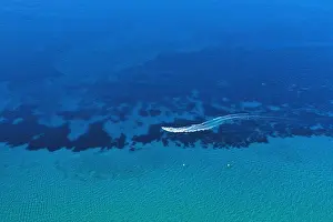 Aerial view of speed boat in motion. Water transportation and summer leisure time activity