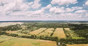 Cultural Landscape Prints: Aerial View Spring Green Field With Windbreaks Landscape