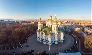 Aerial top view to St. Nicholas Naval Sea Cathedral in sunny day