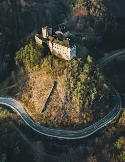 Festung Prints: Aerial view of Stixenstein Castle in beautiful evening light