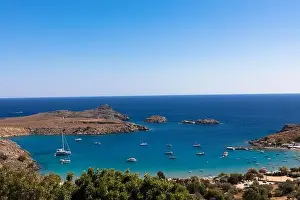 Aerial view from stunning bay and Vlycha Beach in Lindos on the island of Rhodes