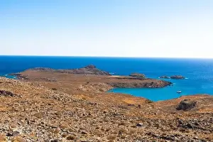 Aerial view from stunning bay and Vlycha Beach in Lindos on the island of Rhodes