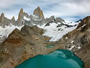 Laguna De Los Tres Prints: Aerial view of the stunning Laguna de los Tres with its turquoise waters surrounded by Mount Fitz Roy
