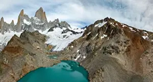 Laguna De Los Tres Prints: Aerial view of the stunning Laguna de los Tres with its turquoise waters surrounded by Mount Fitz Roy
