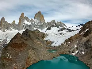 Laguna De Los Tres Prints: Aerial view of the stunning Laguna de los Tres with its turquoise waters surrounded by Mount Fitz Roy