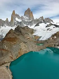 Laguna De Los Tres Prints: Aerial view of the stunning Laguna de los Tres with its turquoise waters surrounded by Mount Fitz Roy