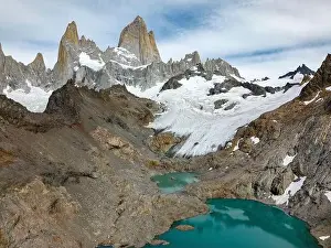 Laguna De Los Tres Prints: Aerial view of the stunning Laguna de los Tres with its turquoise waters surrounded by Mount Fitz Roy