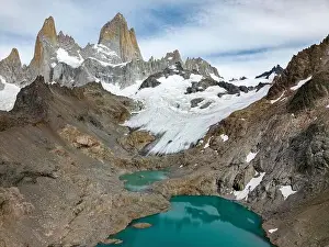 Laguna De Los Tres Prints: Aerial view of the stunning Laguna de los Tres with its turquoise waters surrounded by Mount Fitz Roy
