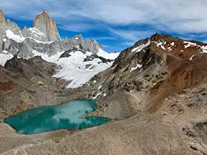 Laguna De Los Tres Prints: Aerial view of the stunning Laguna de los Tres with its turquoise waters surrounded by Mount Fitz Roy