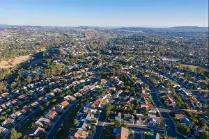 Golf Course Prints: Aerial view above suburban Mission Viejo in Orange County, California