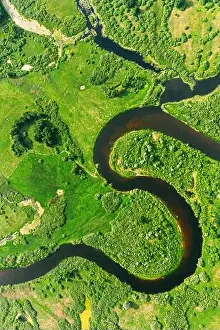 Aerial View Of Summer Curved River Landscape In Sunny Summer Day. Top View Of Beautiful European Nature From High Attitude In Summer Season. Drone