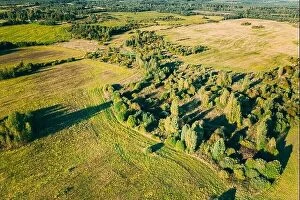 Aerial Landscape Collection: Aerial View Summer Green Meadow With Trimmed Grass And Forest Landscape