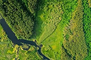 Images Dated 21st June 2020: Aerial View Of Summer River Landscape In Sunny Summer Day. Top View Of Beautiful European Nature