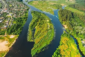 Aerial View Of Summer River Landscape In Sunny Summer Day. Top View Of Beautiful European Nature From High Attitude In Summer Season. Drone View. Bird