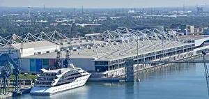 Hotels Prints: Aerial view Sunborn yacht floating hotel Royal Victoria Dock & roof of Excel Exhibition Centre East London Docklands