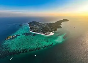 Sunrise Beach Prints: Aerial view of Sunrise beach with long tail boats in Koh Lipe, Satun, Thailand