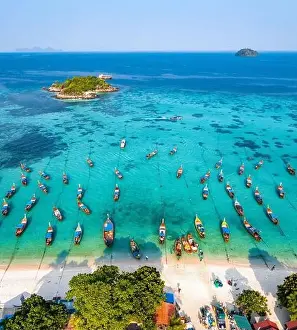 Sunrise Beach Prints: Aerial view of Sunrise beach with long tail boats in Koh Lipe, Satun, Thailand