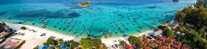 Sunrise Beach Prints: Aerial view of Sunrise beach with long tail boats in Koh Lipe, Satun, Thailand