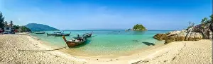 Aerial view of Sunrise beach with long tail boats in Koh Lipe, Satun, Thailand