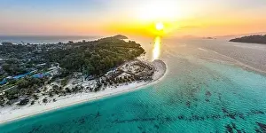Sunrise Beach Prints: Aerial view of Sunrise beach with long tail boats in Koh Lipe, Satun, Thailand