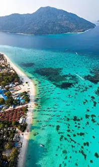 Sunrise Beach Prints: Aerial view of Sunrise beach with long tail boats in Koh Lipe, Satun, Thailand