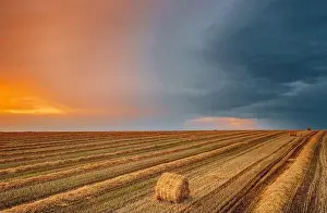 Haystack Prints: Aerial View Of Sunset Bright Sky Above Summer Hay Field Landscape In Evening