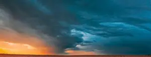 Aerial View Of Sunset Sunrise Bright Sky Above Summer Hay Field Landscape In Evening