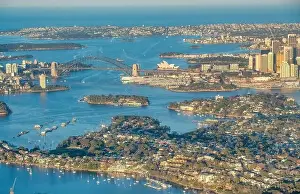 Aerial view of Sydney skyline from ariplane, New South Wales, Australia