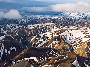 Polar Regions Prints: Aerial view taken by drone of Landmannalaugar mountain on a summer day