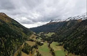 Mountain Pass Prints: Aerial view of the Tamina Valley in late autumn with the first snow on the mountain tops