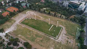 Acropolis Prints: aerial view of Temple of Zeus at Olympia in Athens and modern part of the city