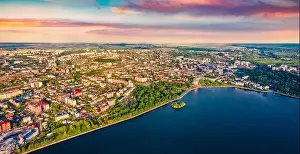 Aerial view of Ternopil town. Sunny summer view of Ternopil lake, Ukraine, Europe. Traveling concept background