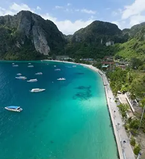Aerial view of Ton Sai Beach in Koh Phi Phi, Krabi Thailand