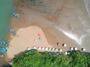 Baron Prints: Top aerial view of traditional boats in lagoon beach in Indonesia