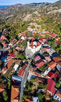 Local Landmark Prints: Aerial view of a traditional village of Pedoulas with a church in the mountains