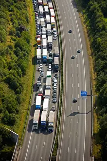 Expressway Prints: Aerial view, traffic jam due to an accident with a truck resulting in closure of the highway