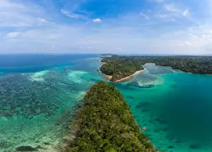 Aerial view tropical beach island reef caribbean sea