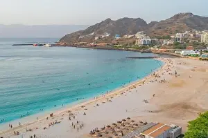 Cape Verde Prints: Aerial view of turquoise Laginha beach in Mindelo city in Sao Vicente Island in Cape Verde