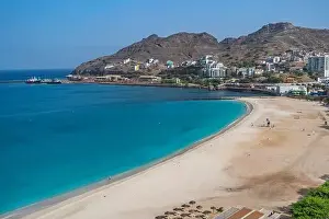 Cape Verde Prints: Aerial view of turquoise Laginha beach in Mindelo city in Sao Vicente Island in Cape Verde