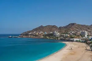 Cape Verde Prints: Aerial view of turquoise Laginha beach in Mindelo city in Sao Vicente Island in Cape Verde