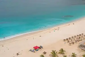 Cape Verde Prints: Aerial view of turquoise Laginha beach with white sand in Mindelo city in Sao Vicente Island in Cape Verde