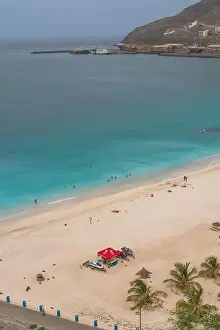 Cape Verde Prints: Aerial view of turquoise Laginha beach with white sand in Mindelo city in Sao Vicente Island in Cape Verde