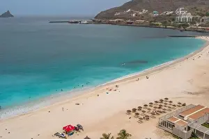 Cape Verde Prints: Aerial view of turquoise Laginha beach with white sand in Mindelo city in Sao Vicente Island in Cape Verde