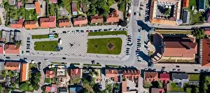 Aerial view of Tykocin, town square and Saint Trinity church