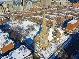 Christian God Prints: Aerial view of Union Church at 485 Columbus Avenue in winter in South End